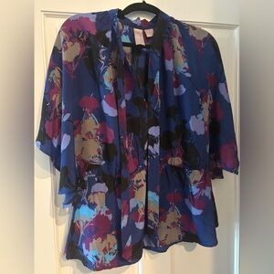 Blue Abstract Floral Scarf-Neck Blouse | Elastic Waist | Flutter Sleeve | Size L